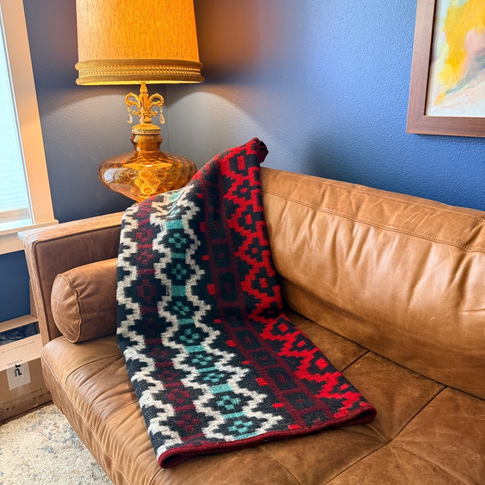 Vintage MCM Geometric Acrylic Blanket Teal Burgundy Reversible 56x76 Soft Mod